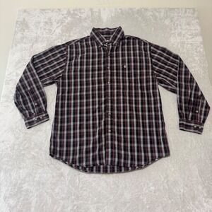 Carhartt Mens Long Sleeve Button Up Shirt L Plaid Burgundy Gray 2010 Embroidered